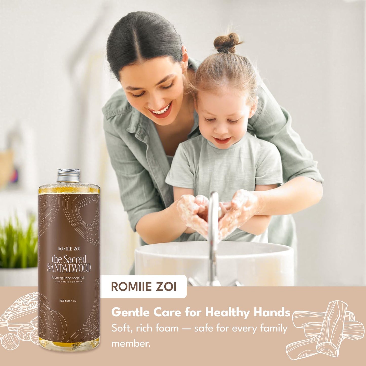 ROMIIE ZOI Foaming Hand Soap Refill Gift Set-3 Pack with Dispenser, Cruelty-Free and Biodegradable Formula, Moisturizing with Essential Oil for Sensitive Skin,Sandalwood Scent,(33.8 Fl Oz x 3)