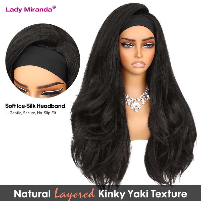 Lady Miranda 26 Inch Yaki Wavy Headband Wigs for Black Women Wear and Go Kinky Straight Headband Wig with Layered Blowout Texture Lightweight Glueless Half Wig Natural Looking Synthetic Wig