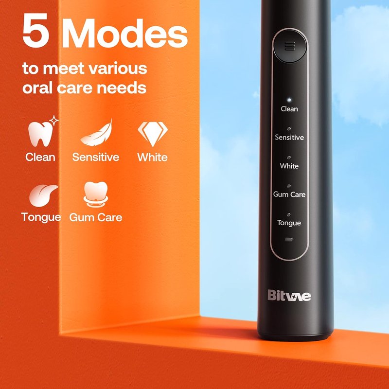 Bitvae R2 Rotating Electric Toothbrush - 8 Brush Heads, 5 Modes, Rechargeable | Black, Travel Case Included
