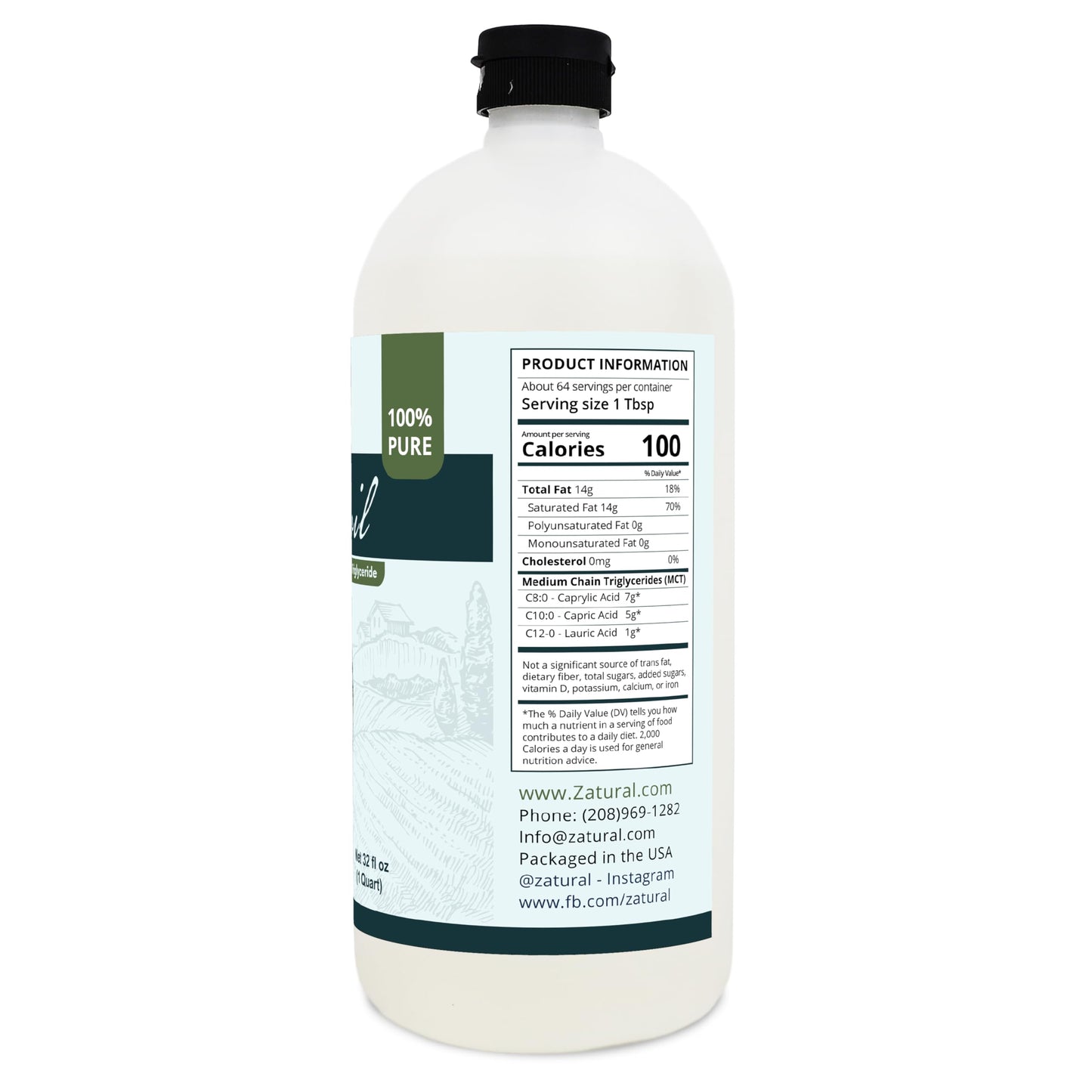 Pure MCT Oil, Carrier, Massage, Hydrating for Hair, Food, and Therapeutic Grade, 32 Oz
