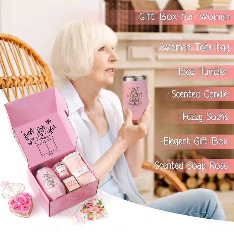 Christmas Gift baskets for Women, Christmas Gift Sets for Mom, Her, Wife, Girlfriend, Care Package for Women, Birthday Unique Gifts, Holiday Gifts Basket with Canvas Tote Bag Sock Tumbler Flower Pink