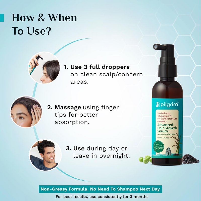 Pilgrim Advanced Hair Growth Serum with Redensyl 3%, Anagain 4% & Baicapil | Hair Fall Control & Regrowth | Korean Black Rice | For Men & Women, 3.38 Fl Oz (100ml)