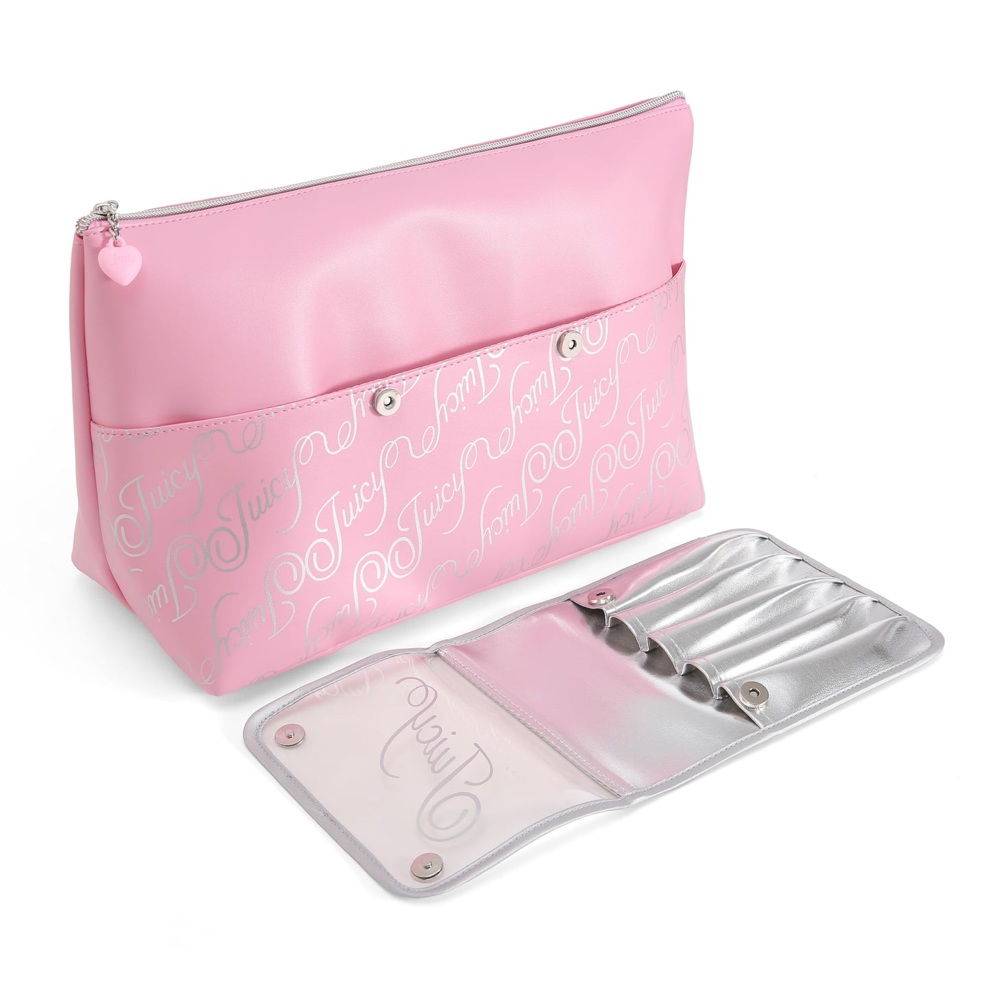 Juicy Couture Pink Makeup Bag Cosmetics Organizer Travel Essentials Removable Brush Holder Retro Style Faux Leather