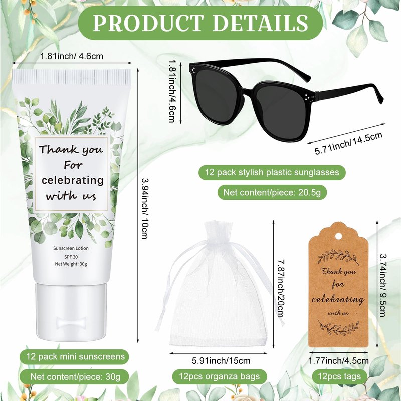 Dansib 12 Sets Mini Sunscreen and Sunglasses Bulk for Wedding Party Spf30 Water Resistant Sunscreen Lotion Bulk 1oz Travel Size for Thank You Gifts Wedding Party Supplies (Eucalyptus)