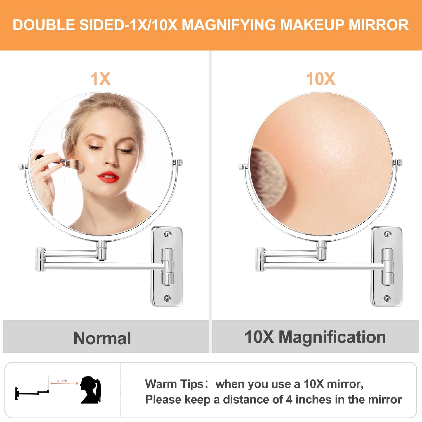 FFowcye 8” Wall Mounted Makeup Mirror - 1X/10X Double Sided Magnifying Bathroom Mirror, 360° Swivel Extendable Vanity Shaving Mirror with Adjustable Arm for Bathroom, Chrome（No Light）