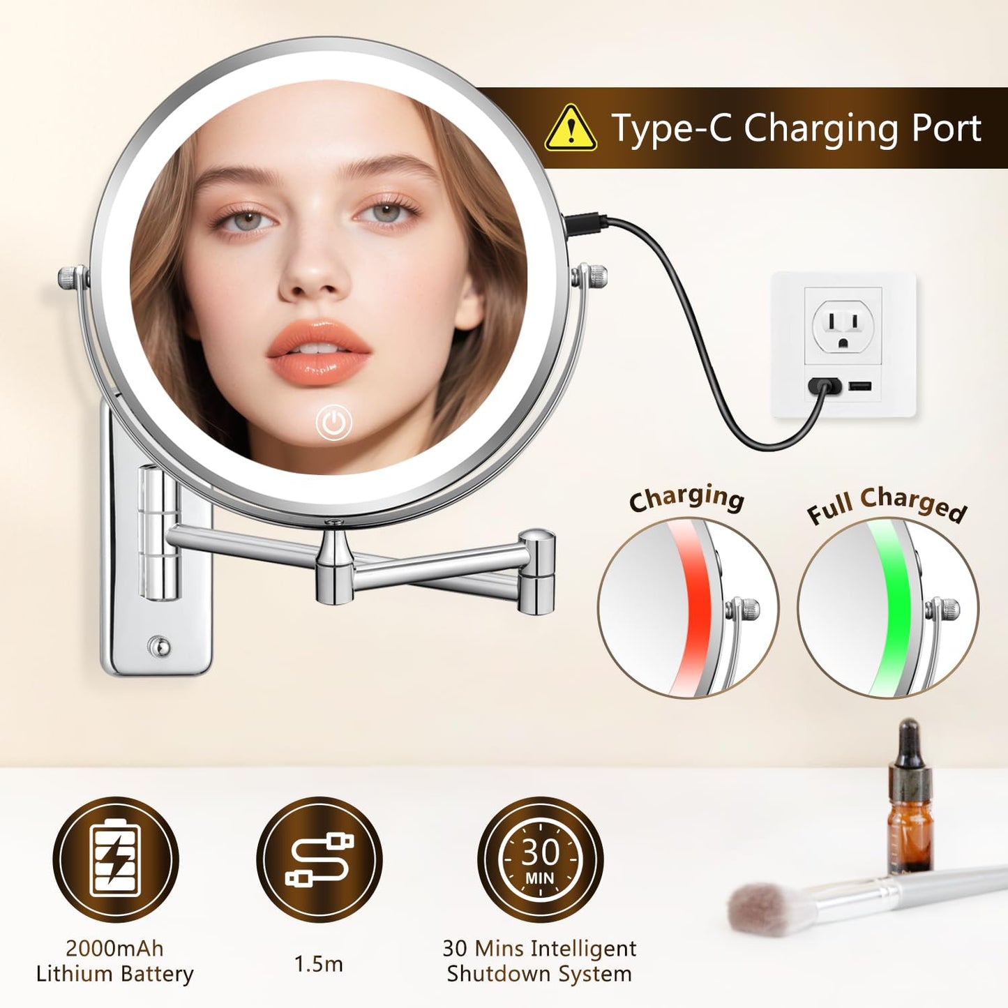 DECLUTTR Wall Mounted Lighted Makeup Mirror, Rechargeable 1X/15X Magnifying Mirror 8 Inch Double Sided, 3 Colors Vanity Mirror with Lights, Touch Dimmable 360° Rotation Foldable
