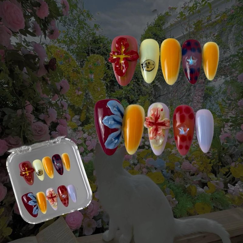 Luxury Press on Nails Medium Almond Handmade 3D Unique Reusable ABS Material Fake Nails Tropical False Nails with Designs Flower Ladybug Stars Art Petal Glossy Glue on Nails Thick Acrylic Nails(S)