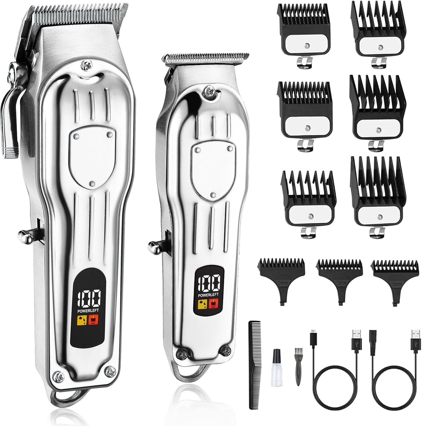 Professional Hair Clippers for Men - Cordless Hair Trimmer Kit with LCD Display | Rechargeable Silver Hair Cutting Set
