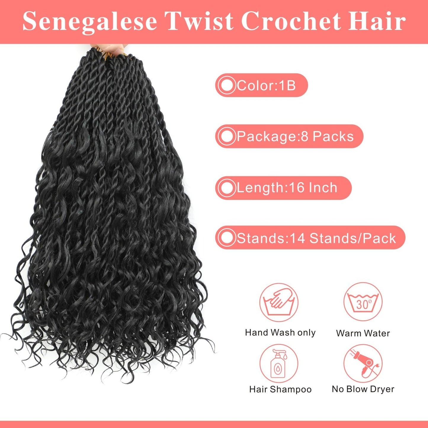 Senegalese Twist Crochet Hair - 8 Packs Boho Island Twist Crochet Hair with Curly Ends 16 Inch Pre Looped Goddess Crochet Twist Hair Extensions for Black Women (16 Inch(8 Packs), 1B/30/27)