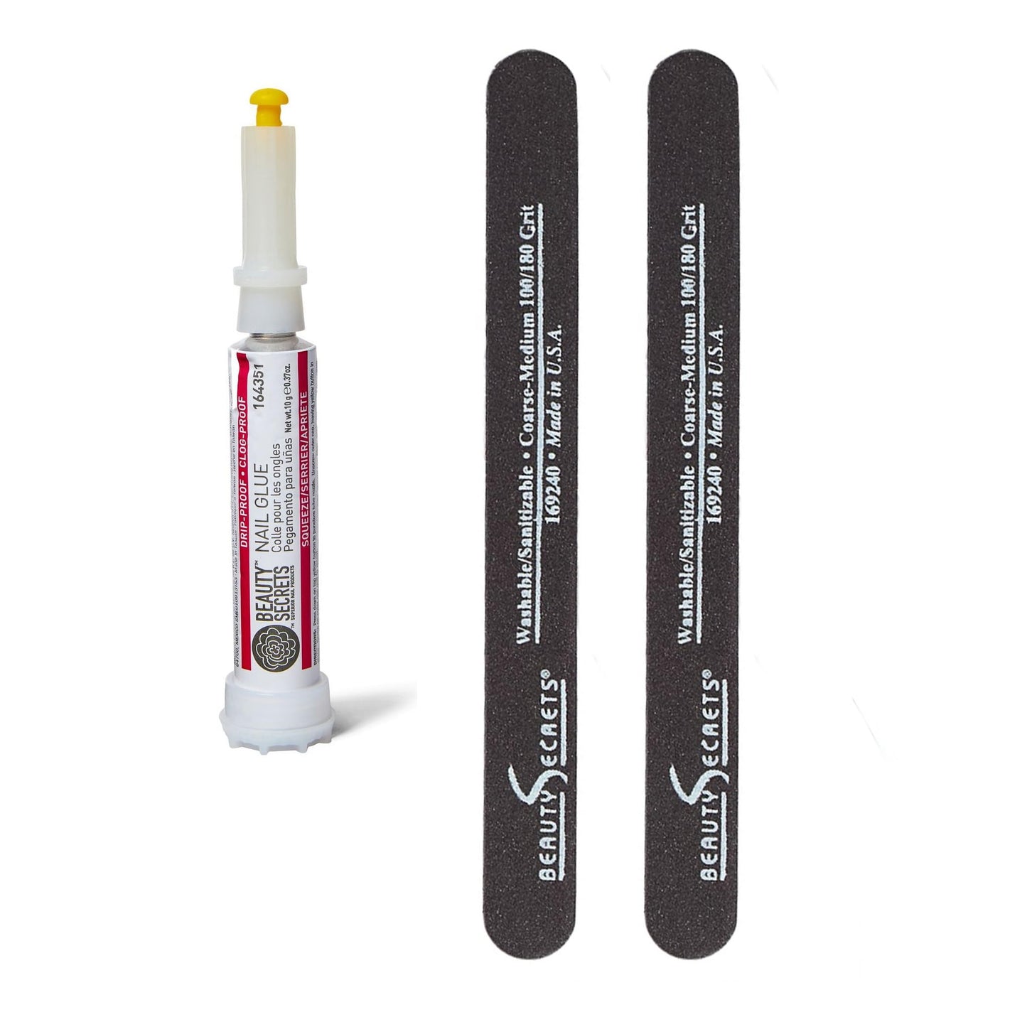 Beauty Secrets Drip & Clog Proof Nail Glue Bundled with Nail File Black Cushion Medium Coarse 180/100 Grit (2 Pack) by Beauty Secrets