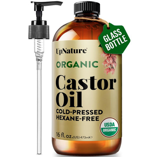 UpNature Organic Castor Oil Cold Pressed Glass Bottle 16oz - 100% Pure USDA Certified, Hexane Free - For Face, Hair & Skin