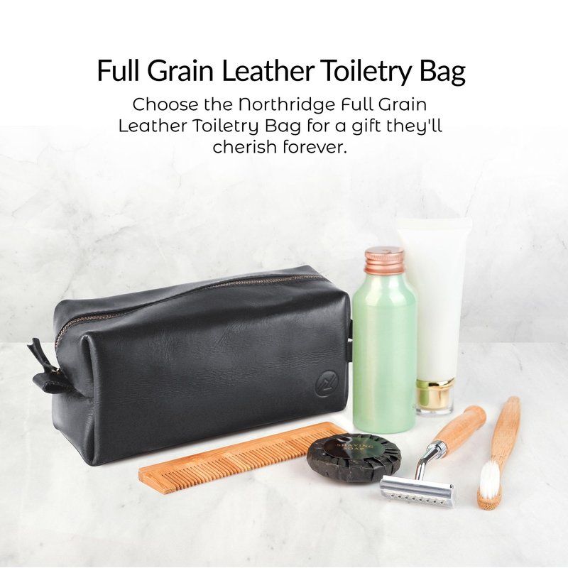 Northridge Leather Premium Leather Toiletry Bag For Men - Travel Bag, Shaving Kit Bag & Toiletry Organizer - Full Grain Leather (Single Zip, Brown)