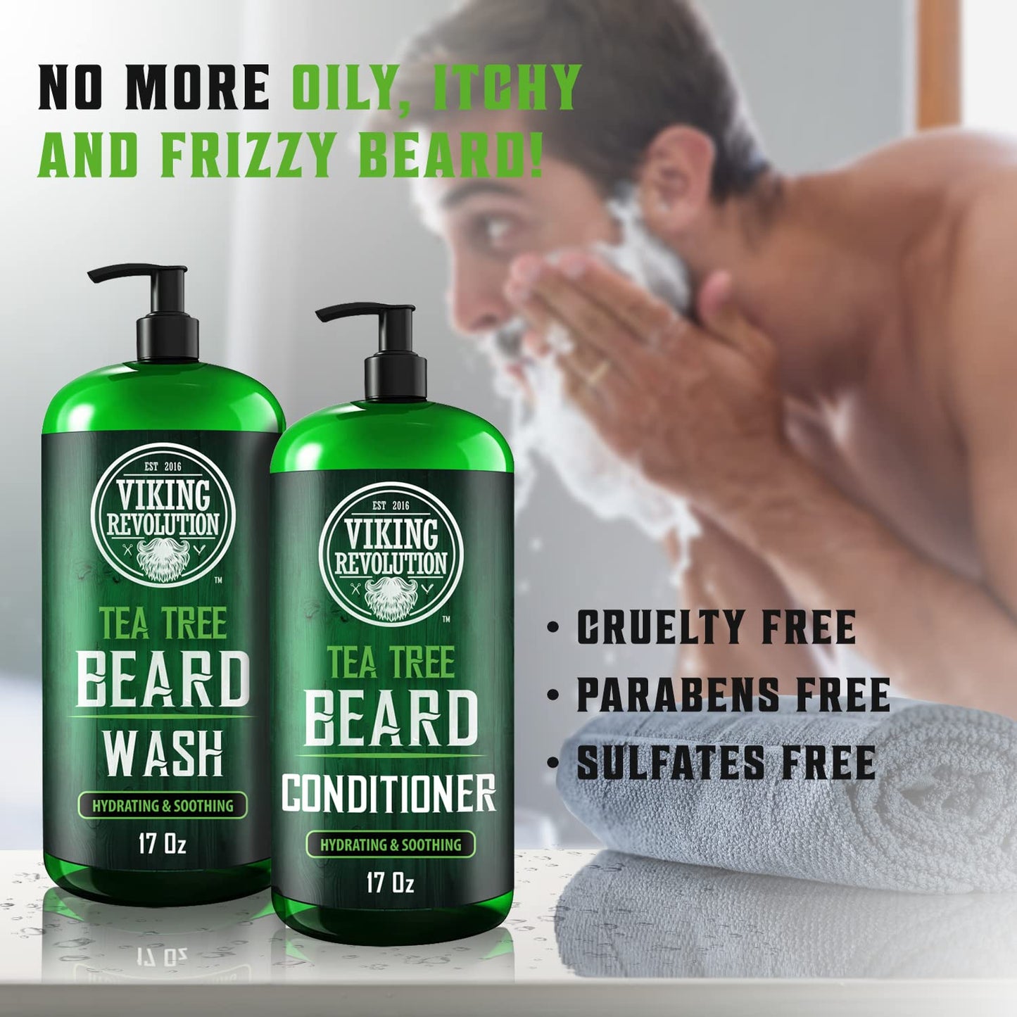 Viking Revolution Tea Tree Oil Beard Wash & Conditioner Set - Natural Softener with Argan Oil, Vitamin E & Ginseng | 17 Oz