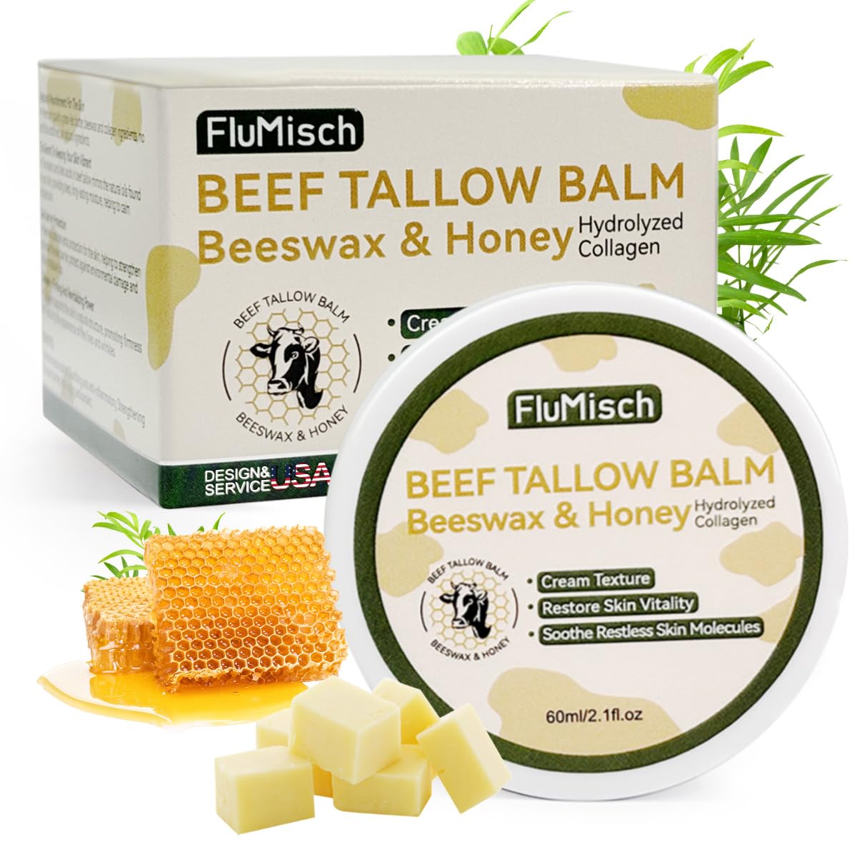 FluMisch Beef Tallow Moisturizer for Skin, Grass Fed Beef Tallow for Face and Bady with Organic Raw Honey and Beeswax, Tallow and Honey Balm for Deep Nourishment Dry Skin (60ml/2.1fl.oz)