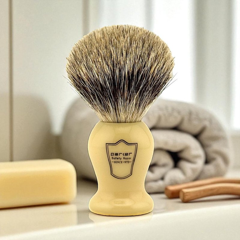 Parker 3-Band Pure Badger Bristle Shaving Brush – Faux Ivory Handle, Classic Wet Shave Brush for Lathering Shaving Soaps & Creams with Bladed Razors