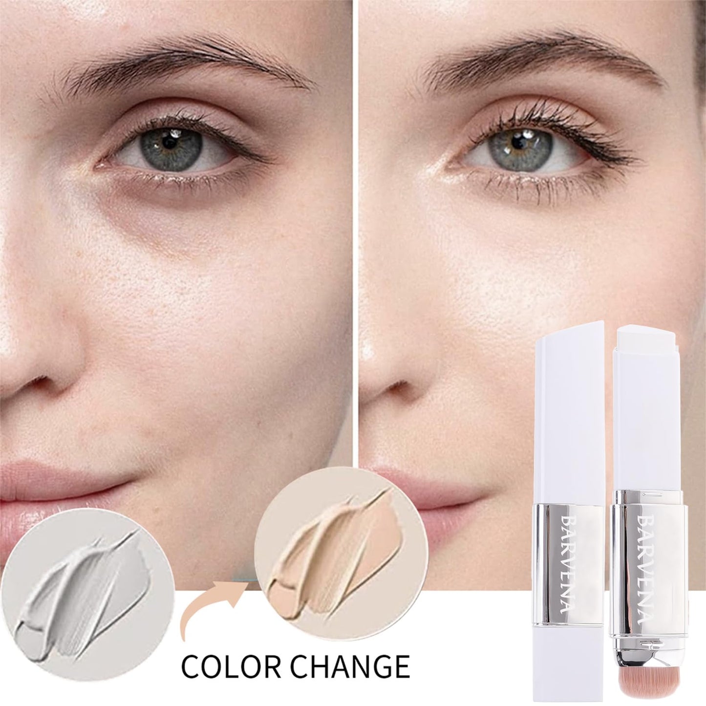 BARVENA Color Changing Foundation Stick with Brush, 2-in-1 Waterproof Long Lasting, Medium to Full Coverage Dewy Finish Makeup, For Mature Skin &All Skin Tones, Nourishing Travel Size 0.7oz