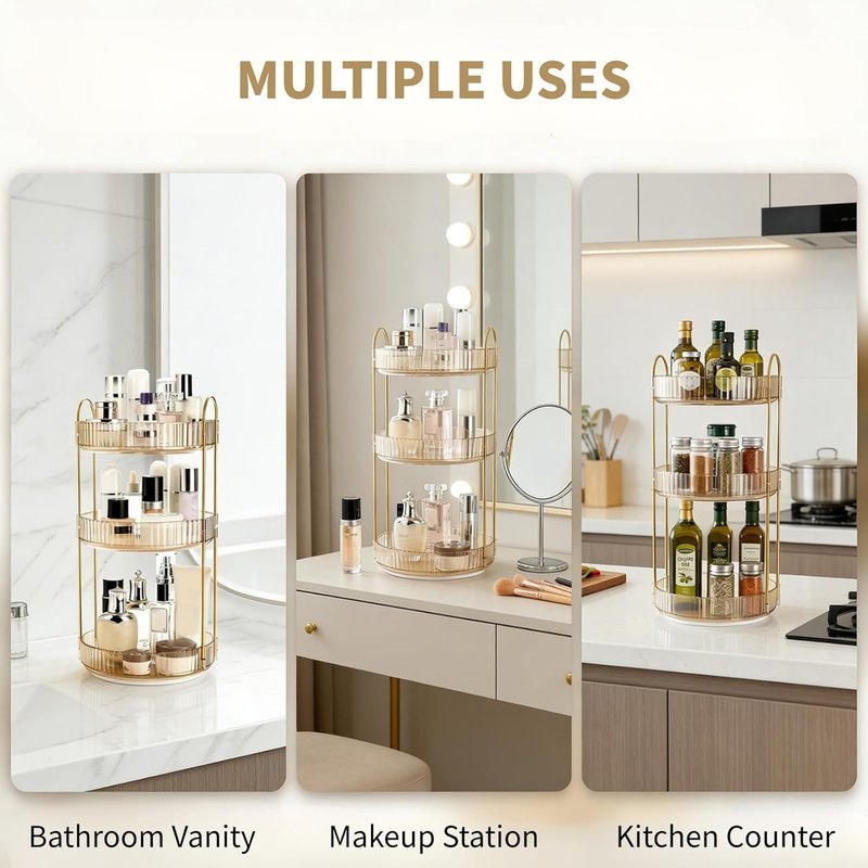 360 Rotating Makeup Organizer - 3-Tier Plastic Spinning Holder for Cosmetics & Toiletries | Large Capacity Countertop Shelf