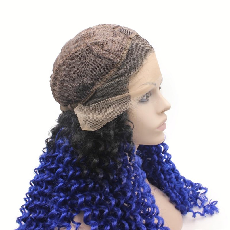 MX angel Long Curly Ombre Blue Wig Frontal Lace Wig Heat Resistant Synthetic Hair Lace Front Wig
