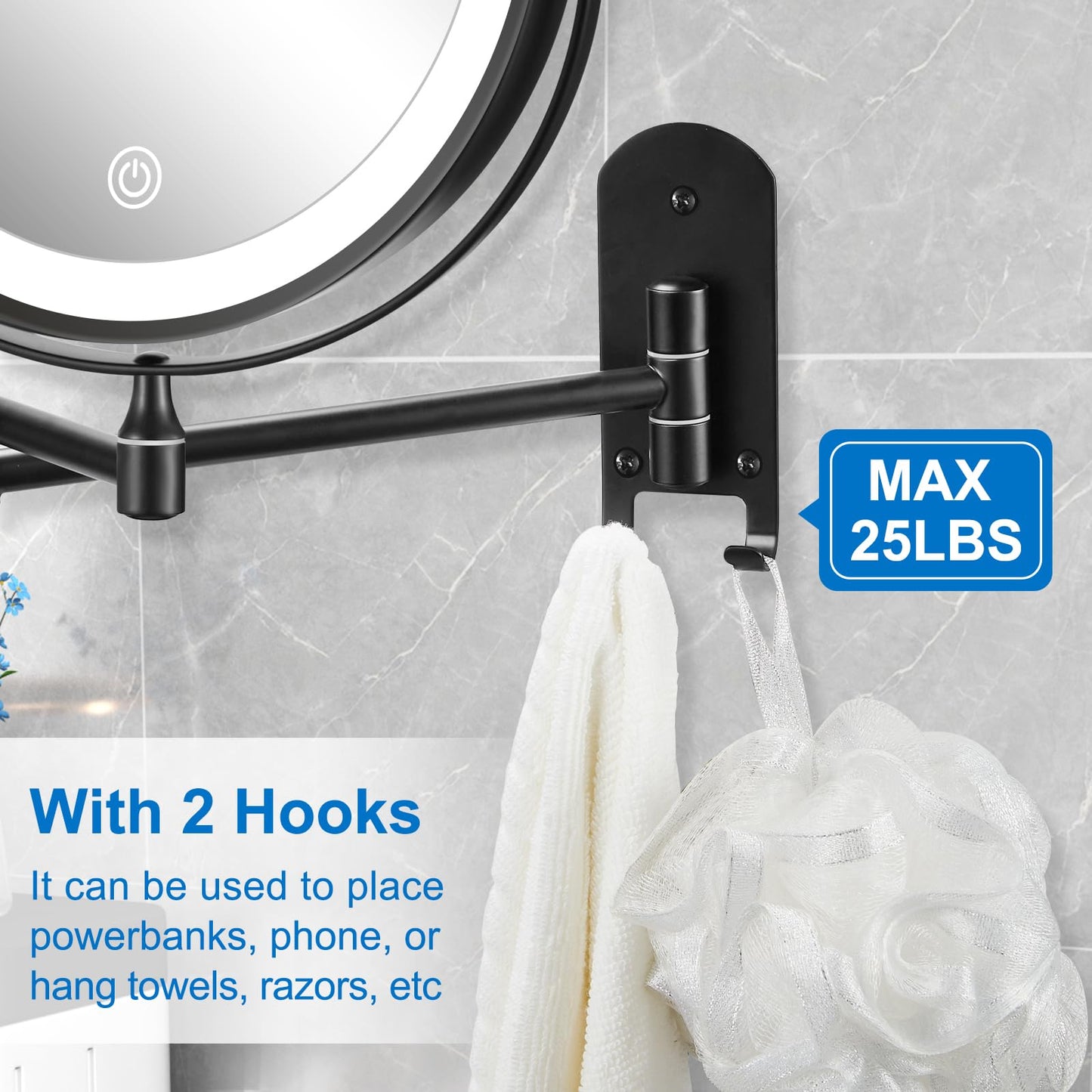 DECLUTTR 20X/1X Wall Mounted Makeup Mirror, 9 Inch Large Size Magnifying Mirror, 360° Swivel Extendable Mirror for Bathroom, Black