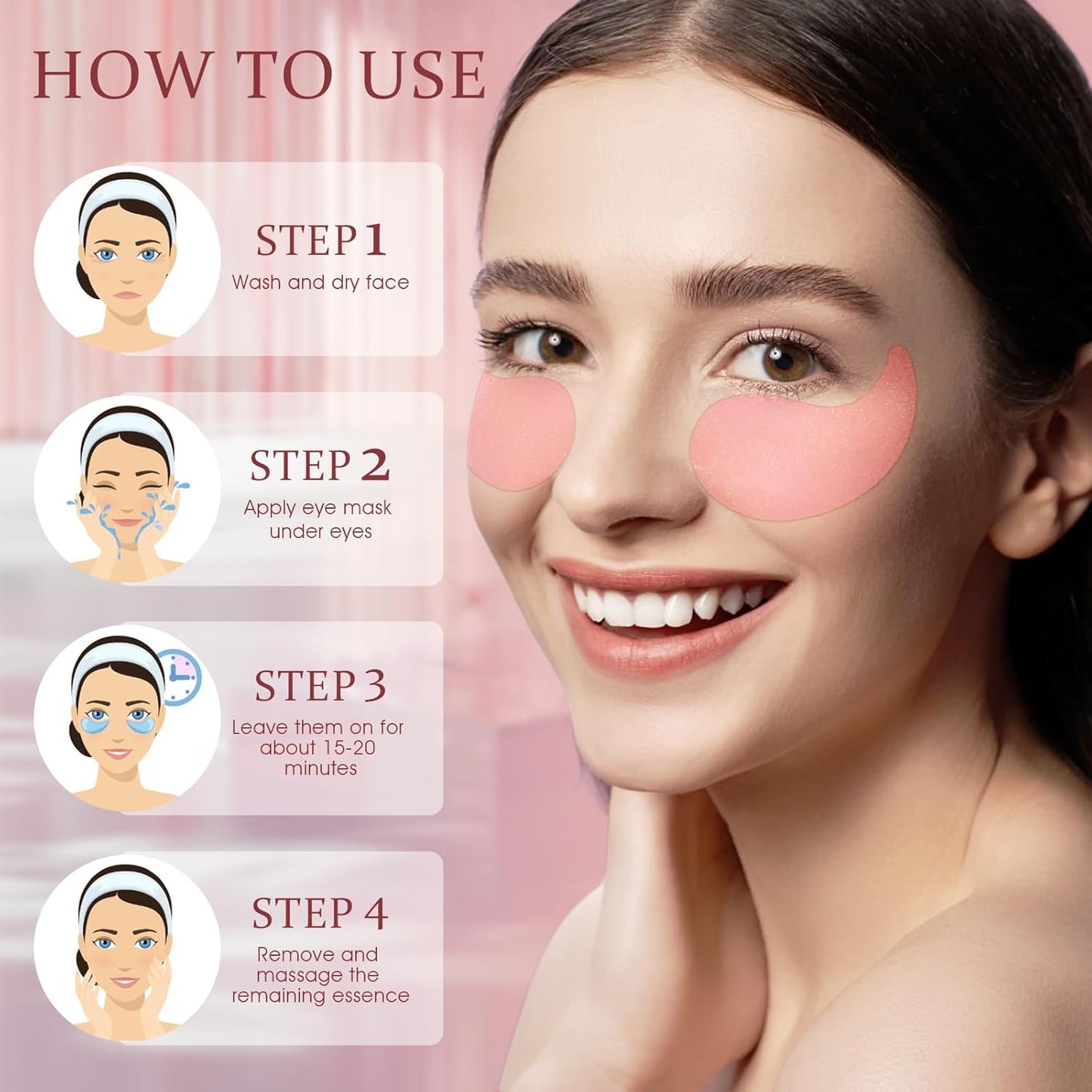 Under Eye Patches - Collagen & Hyaluronic Acid Treatment for Dark Circles, Puffiness & Fine Lines | 60 Pcs, Pink
