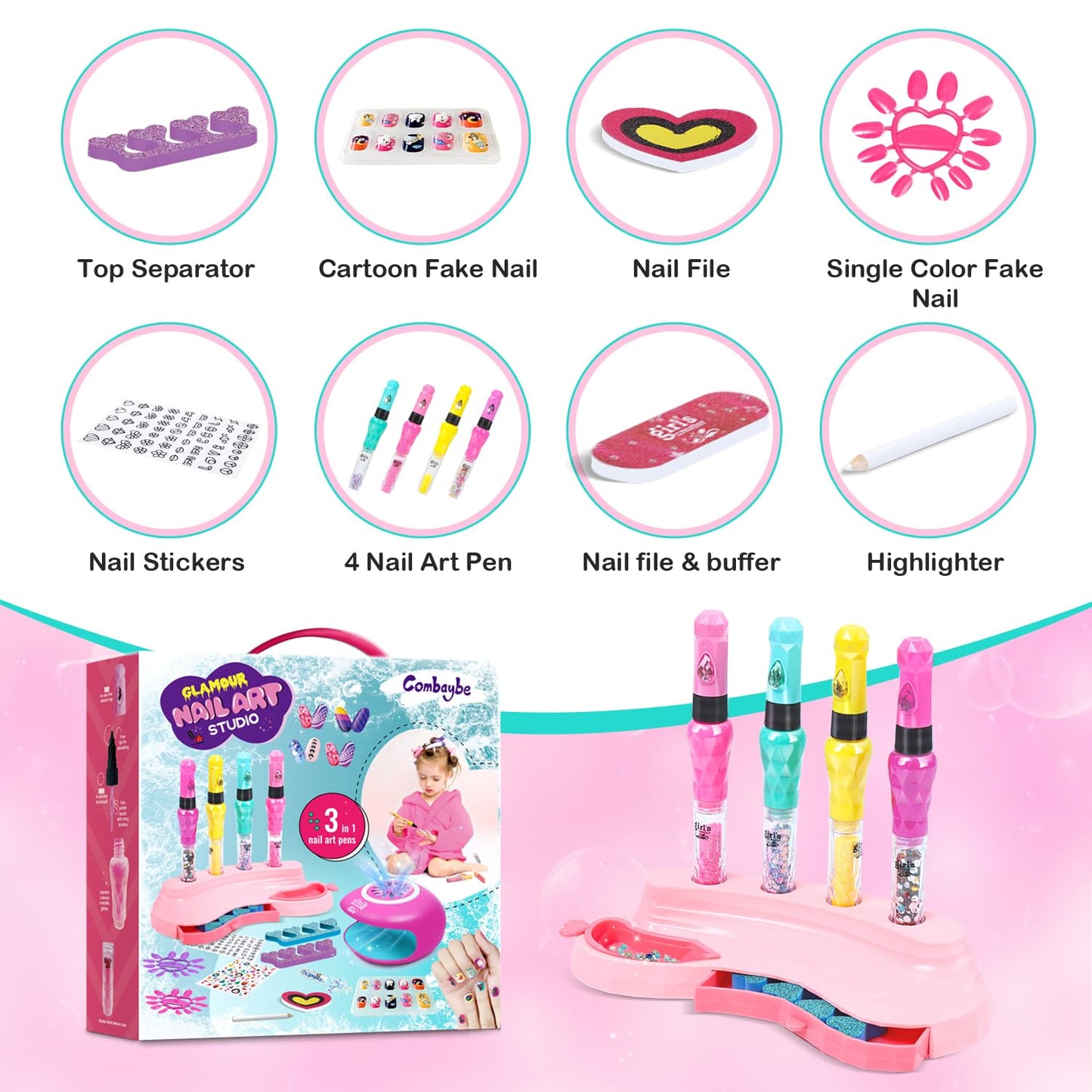 Kids Nail Polish Set with 4 Nail Art Pens - Non-Toxic Nail Pens Ages 4-12 - Spa & Manicure Kit for Girls 6-12, Birthday Gifts, Toys for Girls 8-10 Years