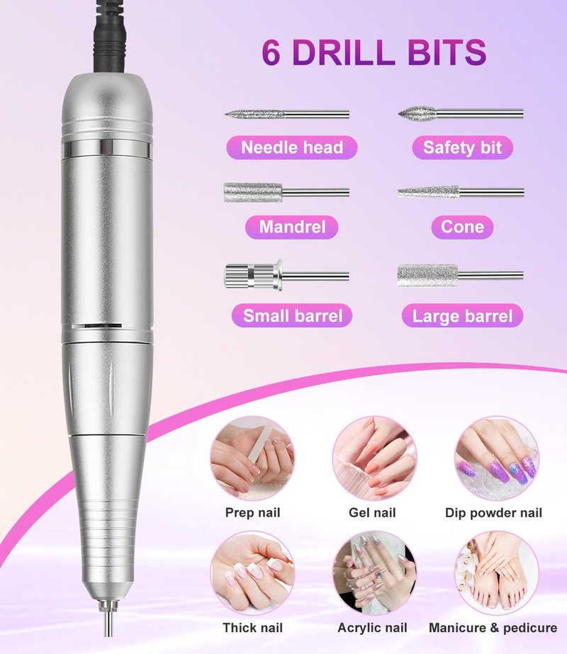 RYUNVOVO Electric Nail Drill Professional, 45000 RPM Rechargeable Nail Drill Kit, Electric Nail File for Acrylic, Manicure & Pedicure & Polishing Tools for Home Salon, Pink