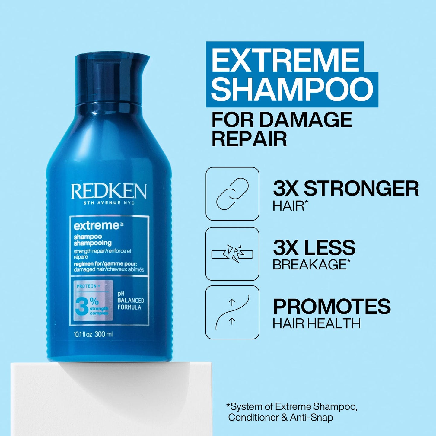 Redken Extreme Shampoo, Conditioner & Anti-Snap Leave-In Treatment Set For Damaged Hair - Repairs and Reduces Breakage, Infused With Proteins
