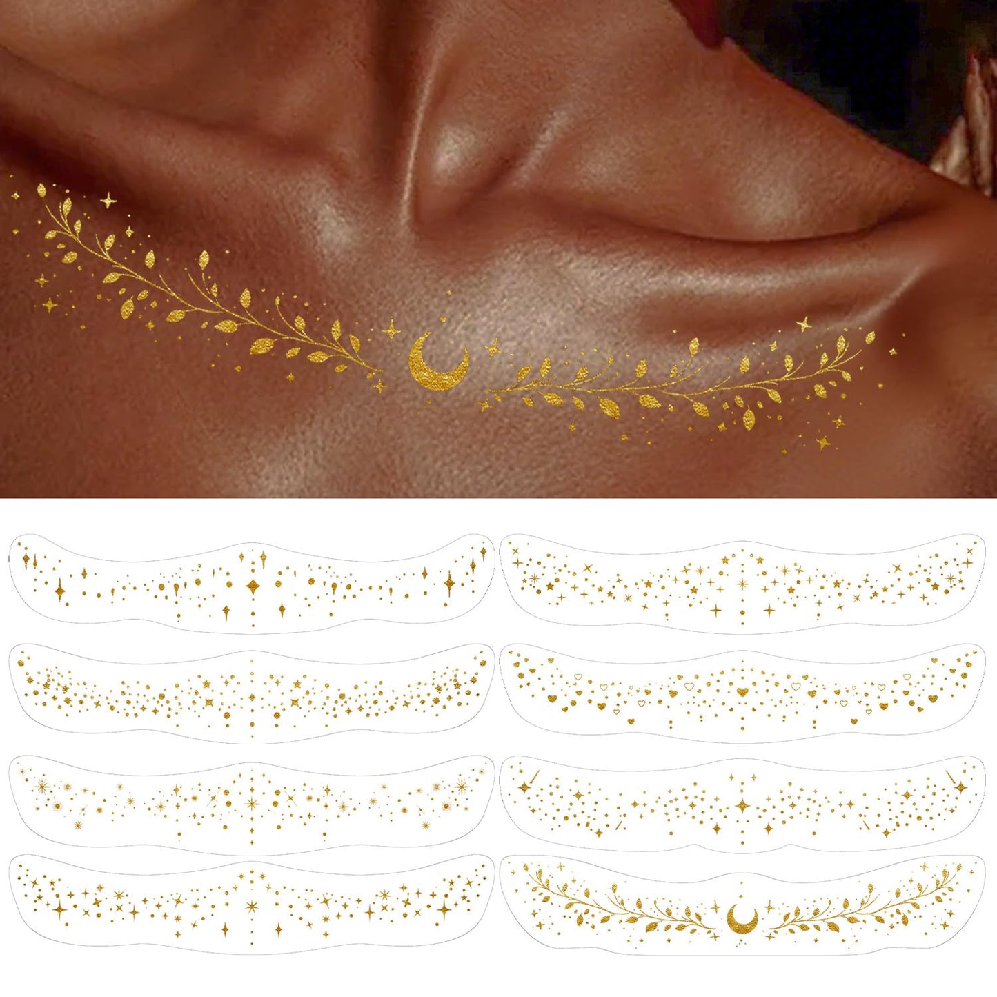 8 Pcs Body Glitter Tattoos, Gold Collarbone Temporary Fake Tattoos, Waterproof Body Glitter Freckles Patches for Women, Suitable for Beaches, Bars, Concerts