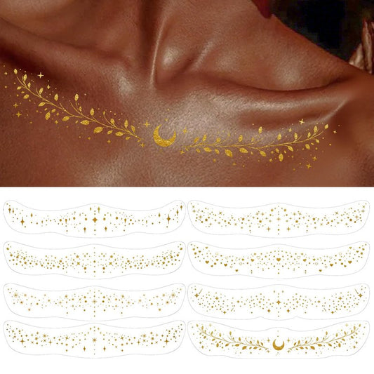 8 Pcs Body Glitter Tattoos, Gold Collarbone Temporary Fake Tattoos, Waterproof Body Glitter Freckles Patches for Women, Suitable for Beaches, Bars, Concerts