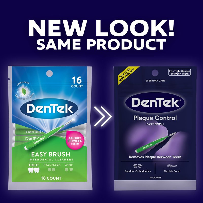 Dentek Interdental Brushes - Tight, 16 Count, 6 Pack - Easy-Brush Interdental Plaque Remover with Fluoride - Cleans Tight Spaces Around Teeth, Braces & Other Dental Appliances