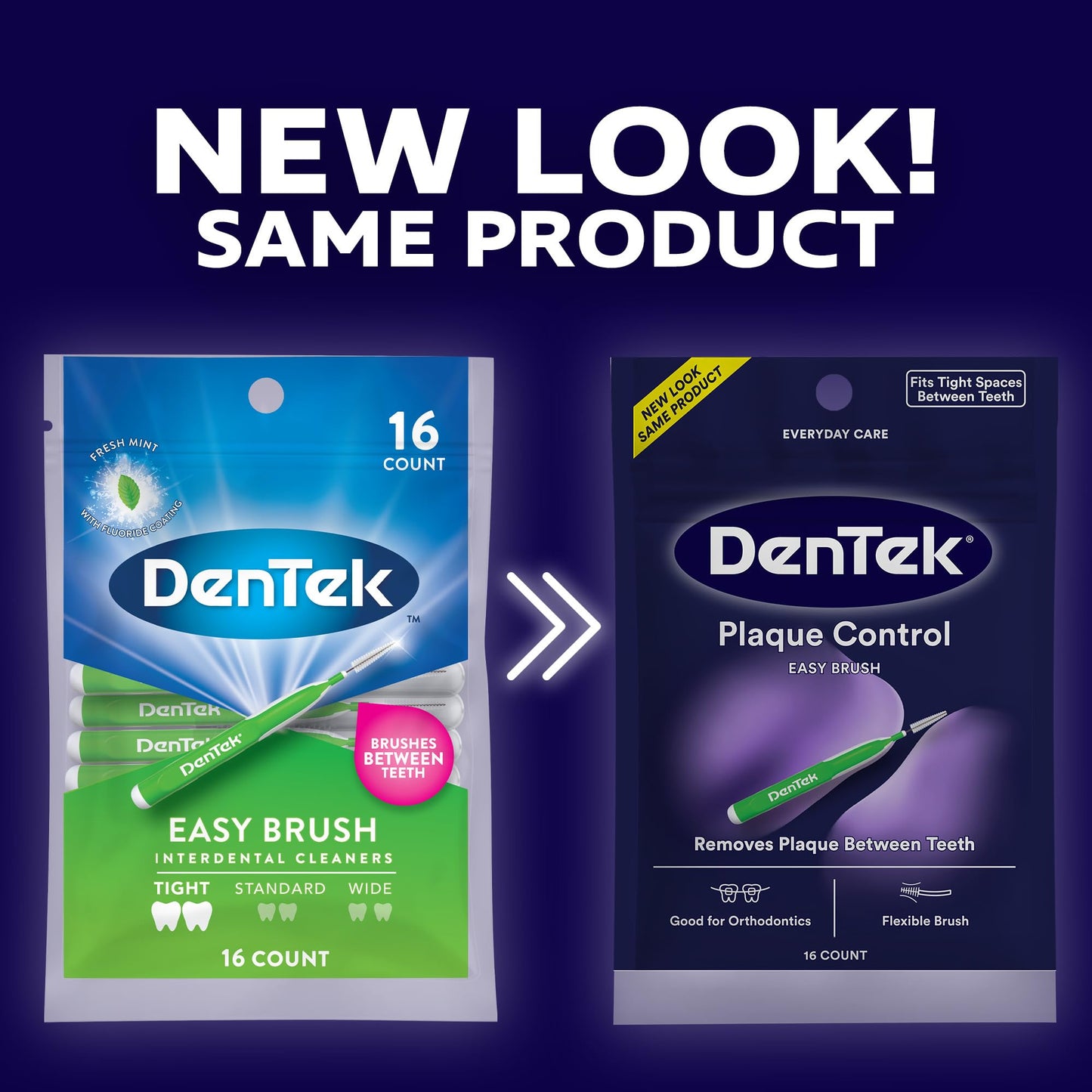 Dentek Interdental Brushes - Tight, 16 Count, 6 Pack - Easy-Brush Interdental Plaque Remover with Fluoride - Cleans Tight Spaces Around Teeth, Braces & Other Dental Appliances