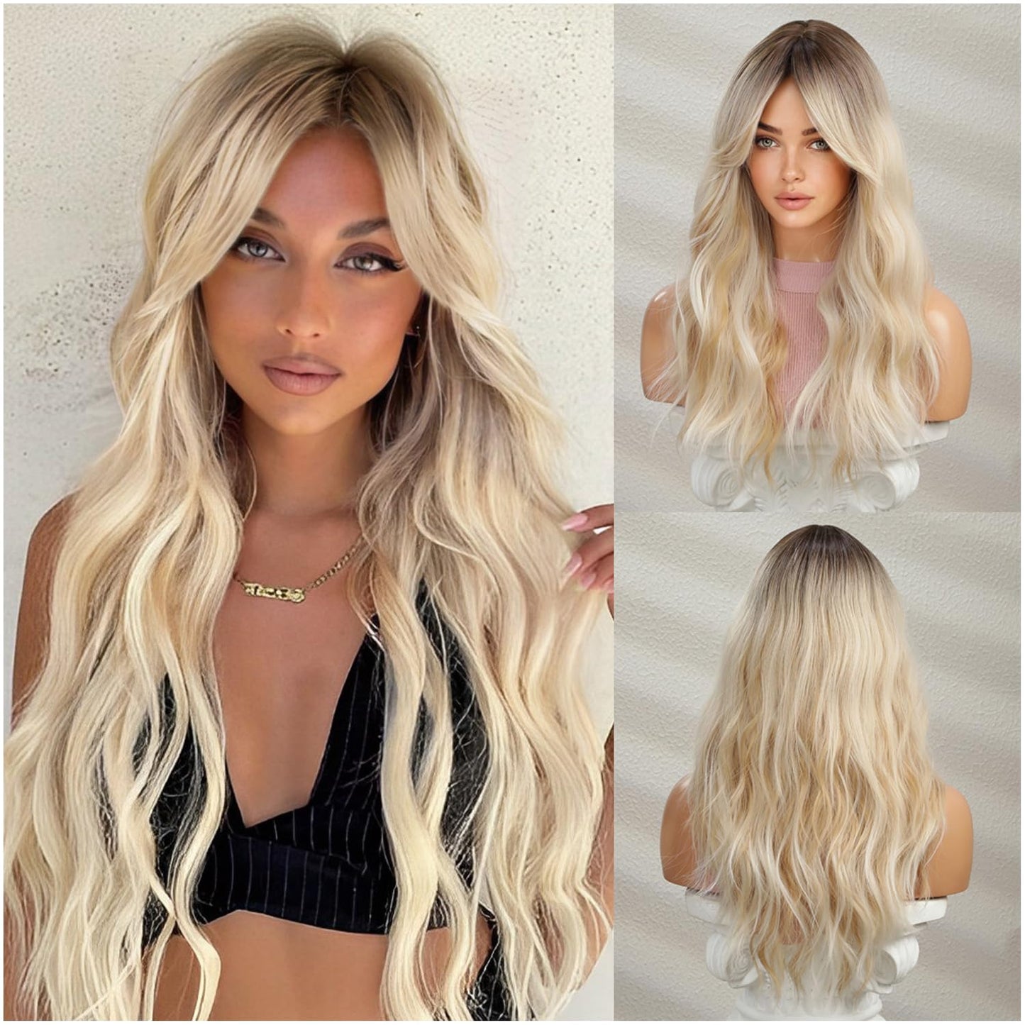 Long Blonde Wig with Bangs - Curly Wavy Synthetic Hair for Women | Mixed Blonde Color