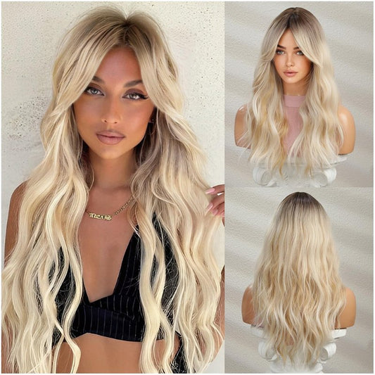 Long Blonde Wig with Bangs - Curly Wavy Synthetic Hair for Women | Mixed Blonde Color