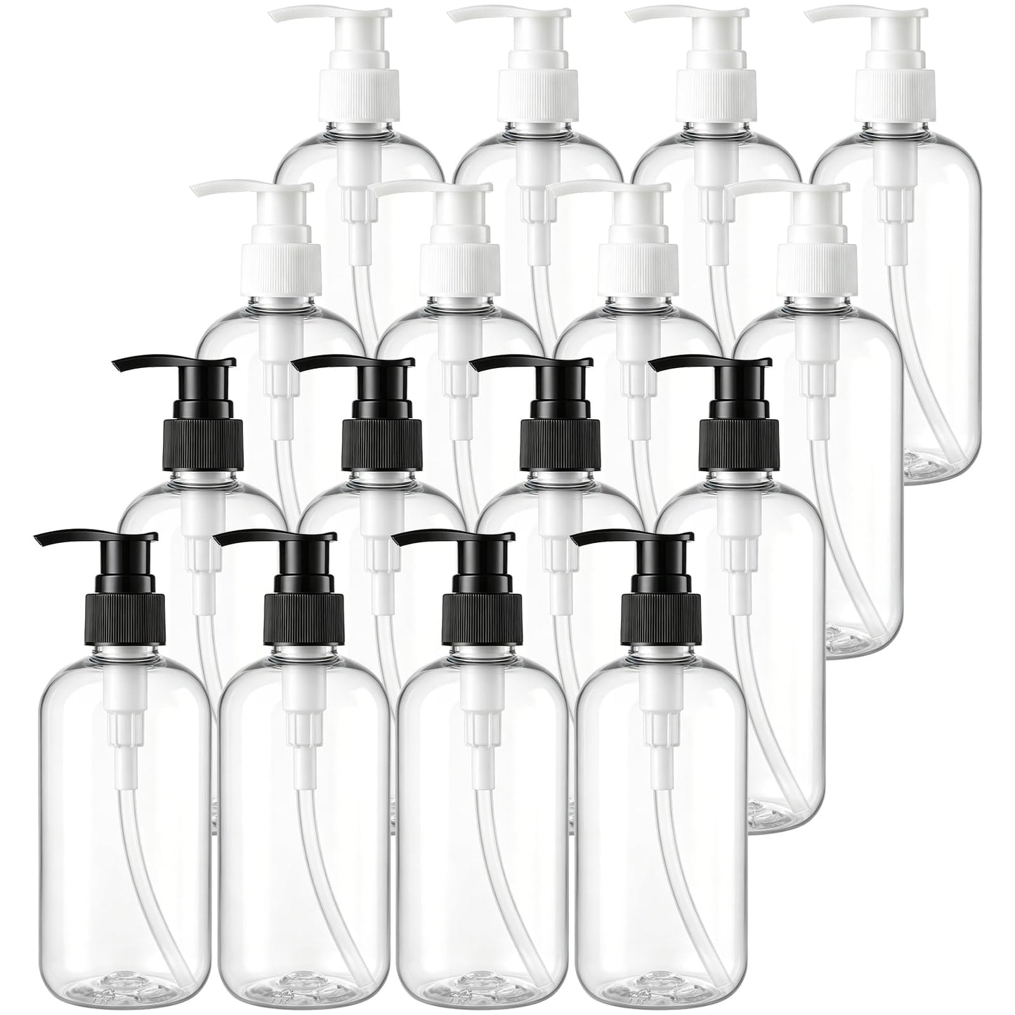 Bekith 16 Pack Empty Plastic Pump Bottles Dispenser, 8oz/240ml Clear Pump Bottle Dispenser, Portable Refillable Container for Hand Soap Lotion Shampoo Conditioner Essential Oil Liquid