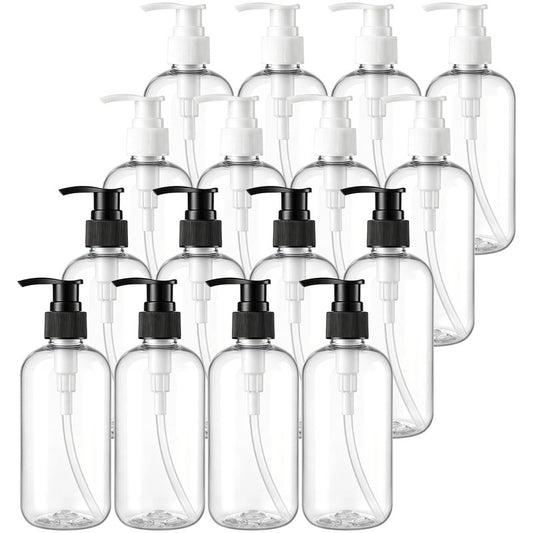Bekith 16 Pack Empty Plastic Pump Bottles Dispenser, 8oz/240ml Clear Pump Bottle Dispenser, Portable Refillable Container for Hand Soap Lotion Shampoo Conditioner Essential Oil Liquid