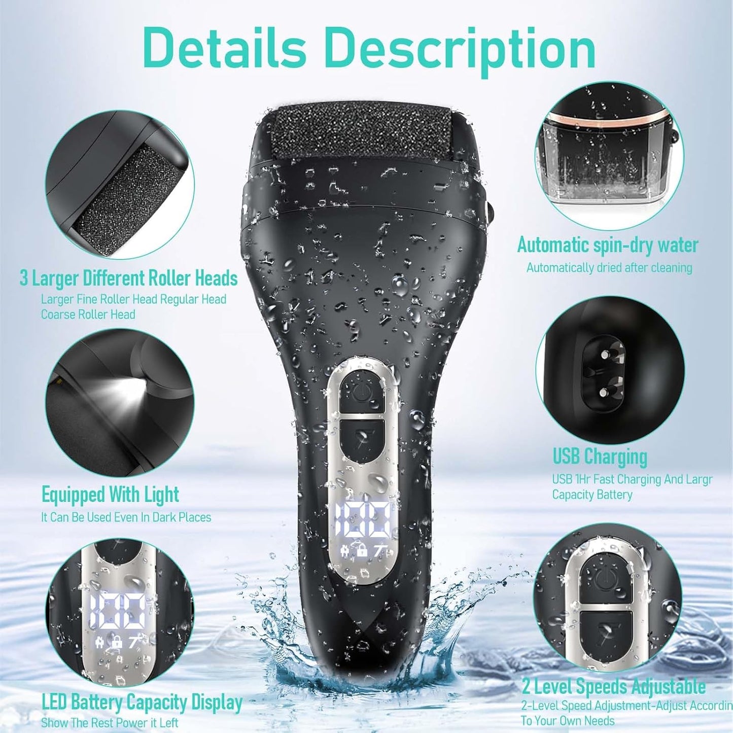 Electric Callus Remover - Rechargeable Waterproof Foot File with Larger Grinding Head | Portable Pedicure Kit - Black