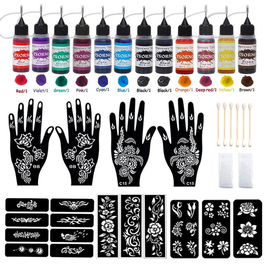 Temporary Tattoo Henna Kit Safe & Easy Fake 12 Bottles 11 Colors Ink 18 Big Pcs Stencils for Adults/Kids-fake tattoos (Black×2, Red, Green, Purple, Orange, Navy Blue, Brown, Pink, Grey, Yellow)