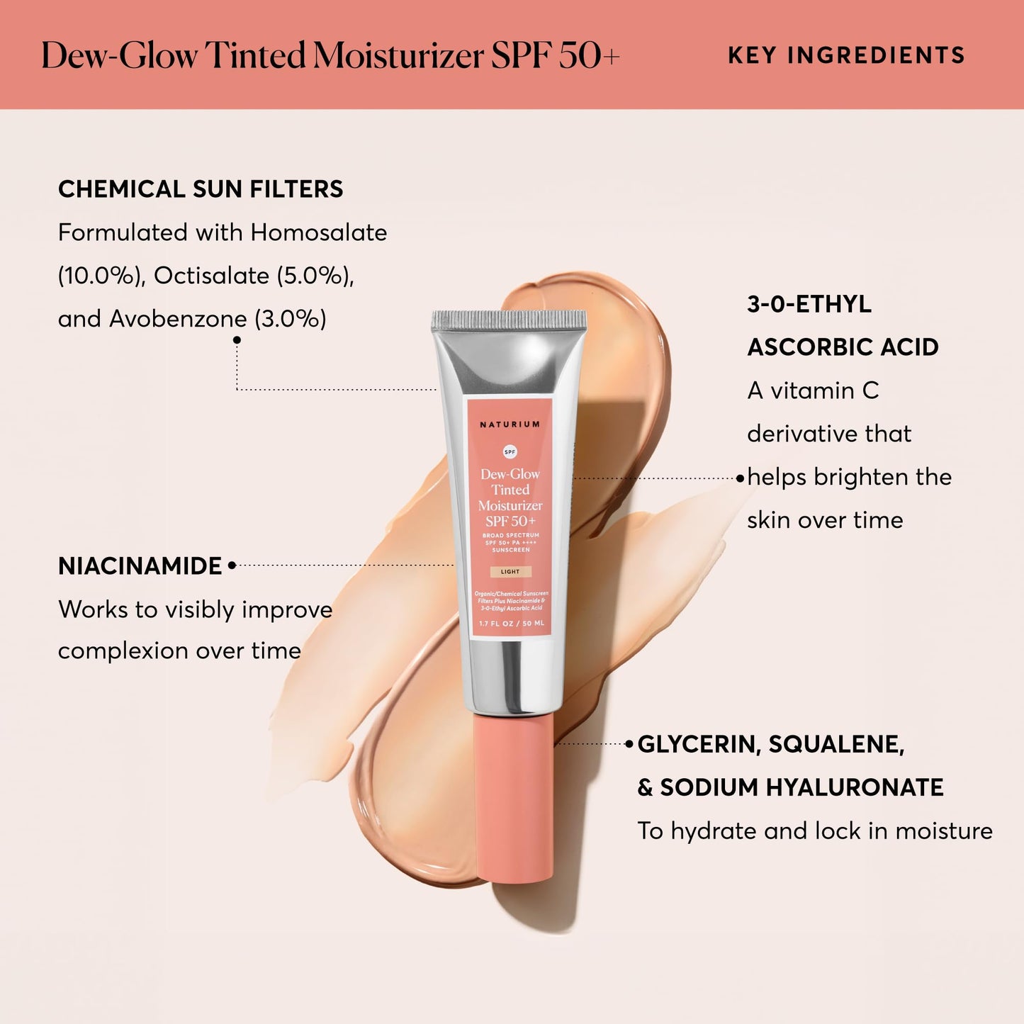 Naturium Dew-Glow Tinted Moisturizer SPF 50+ Light, Daily Moisturizing Sunscreen & Face Primer with Tint, Skin Protector with Dewy Finish, 1.7 oz