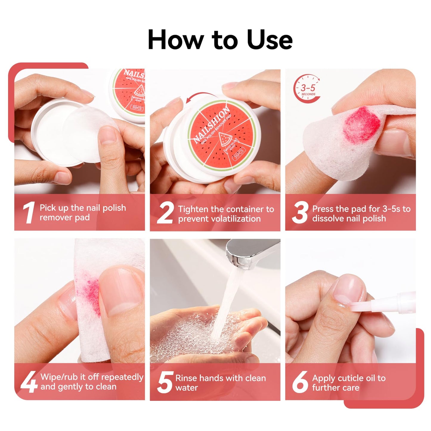 Nailshion Nail Polish Remover Pads, 140 Pcs Travel Fingernail Polishes Wipes in 4 Boxes, Non-Acetone | 3-5s Quick Removal | VE Moisturing, Lint-free Handy Wipes to Clean Polish, Watermelon Scent