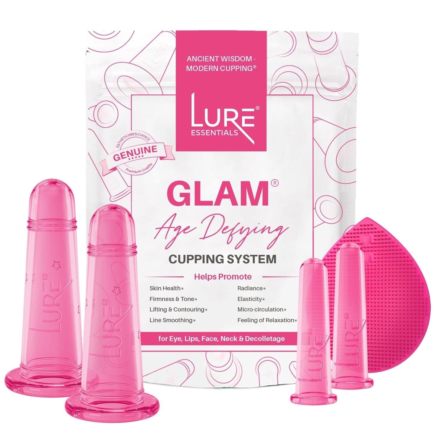 Glam Facial Face Cupping Set - Cupping Therapy Sets Massage Kit with Silicone Cleansing Brush for Instantly Ageless Skin, Works for Fine Lines & Wrinkles, Improves Collagen (GLAM - Pink)