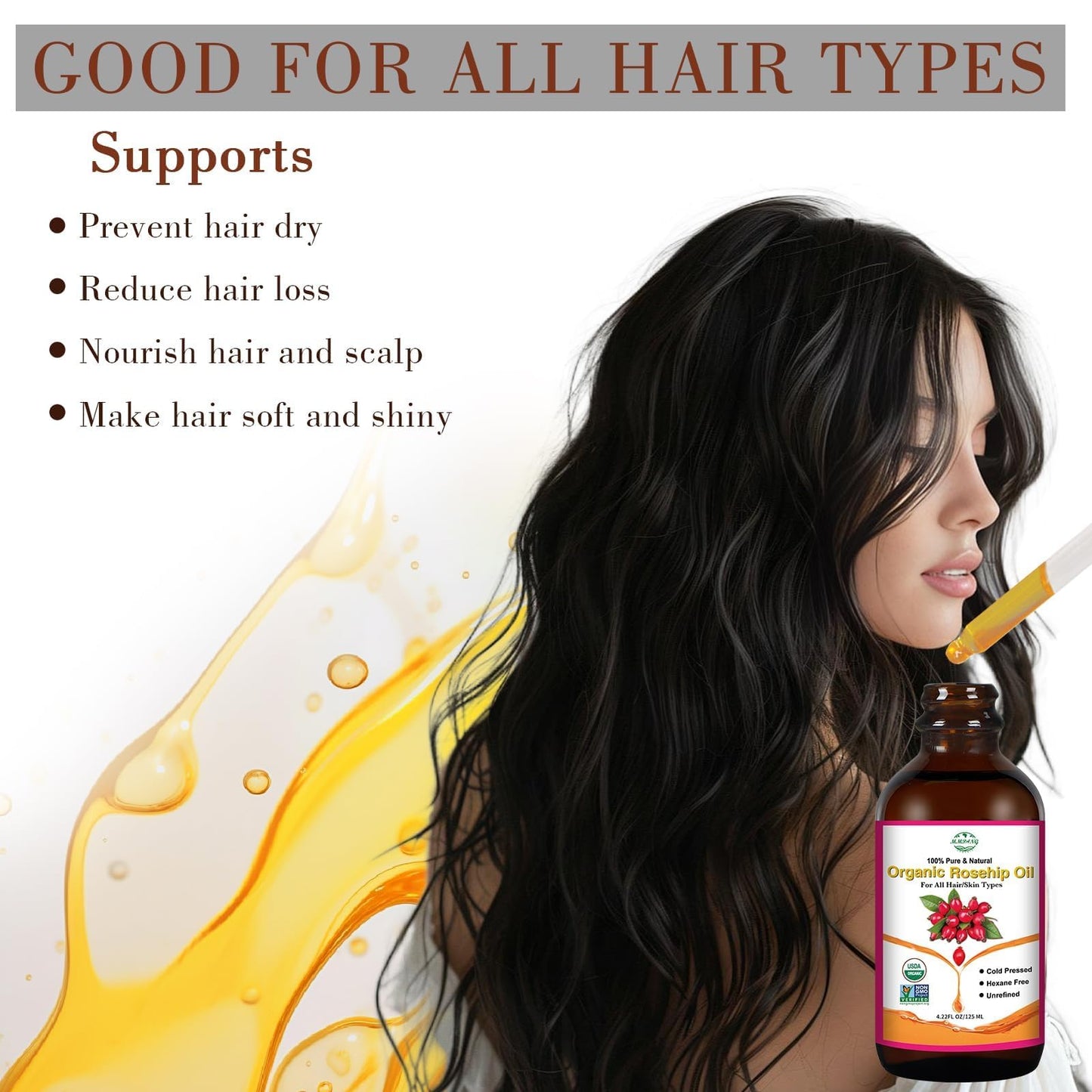 MMPANG Rosehip Oil for Face, Skin & Body, Organic USDA Certified, Cold Pressed, Extra Virgin, Hexane Free Pure Natural Rosehip Seed Oil for Anti-Aging,Skin & Hair Care (4.22 oz/125 ml)
