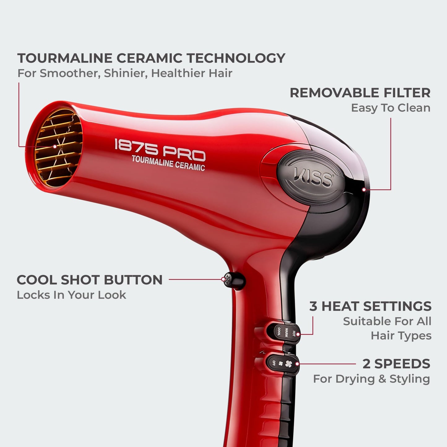 Kiss 1875 Watt Pro Tourmaline Ceramic Hair Dryer, Styling Edition, 3 Heat Settings, 2 Speed Settings, Cool Shot Button, 7 Blow Dryer Accessories Included, 2-Year Warranty - Red