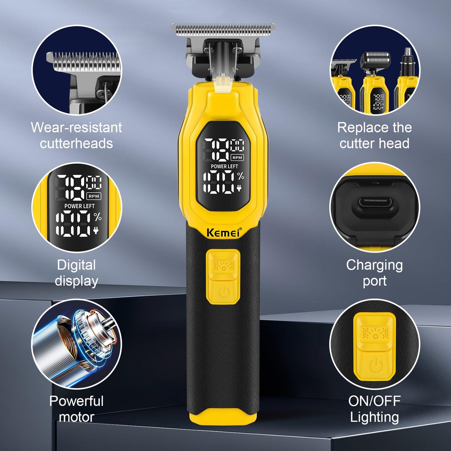 KEMEI Professional 3-in-1 Complete Grooming Tools for Men, Cordless Beard Trimmer, Electric Facial, Ear & Nose Trimmer, Rechargeable Hair Clippers, Gifts for Men