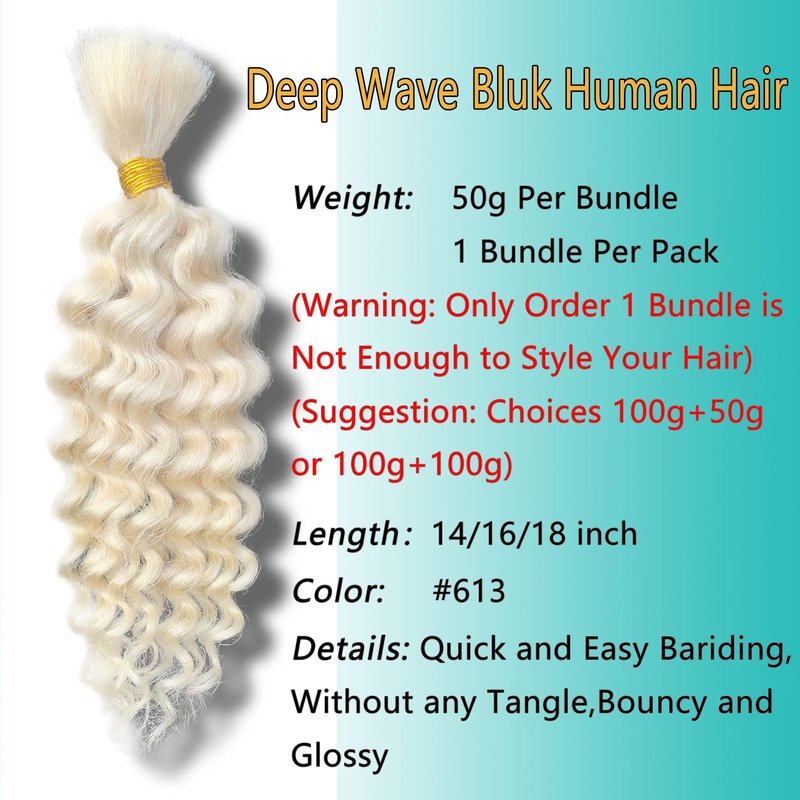 613 Blonde Human Braiding Hair Deep Water Wave Bulk Human Hair for Braiding 16 Inch 100 g 2 Bundle Curly Human Hair for Boho Braids Wet and Wavy Human Hair Extensions No Weft Micro Braiding Hair