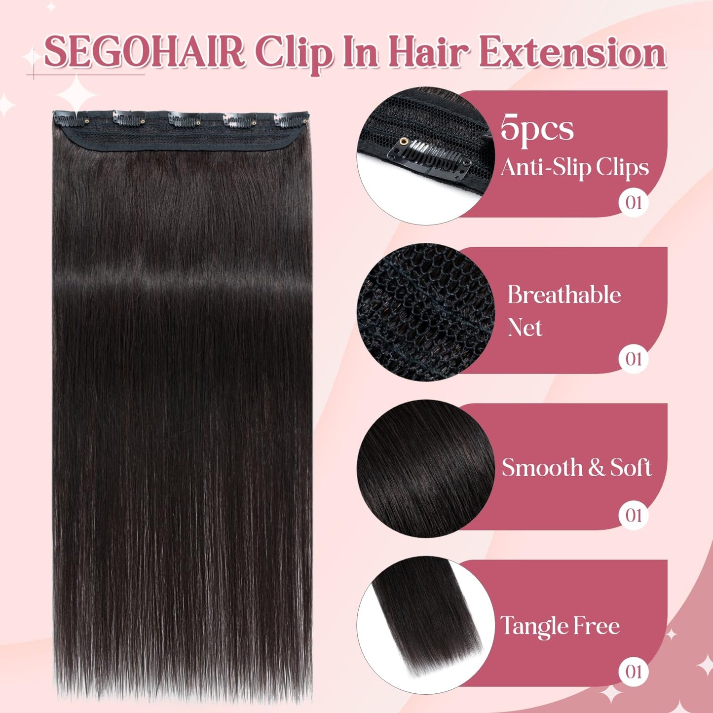 SEGOHAIR Clip In Hair Extensions for women One Piece 5 Clips Real Human Remy Hair Extension Long Straight Hairpieces for women 18 Inches #1B Natural Black