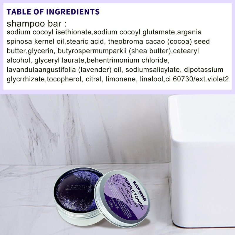 SAPHUS Sulfate Free Brass Toning Purple Shampoo Bar for Blonde, Bleached, Silver, or Brown Highlighted Hair, Travel Friendly, with Tin Container +Sponge
