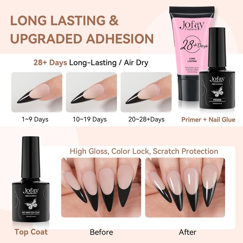 French Gel Nail Tips Kit, Jofay Fashion 240Pcs Stiletto French Tip Press on Nails Long, Natural Fake Nails Pre-Base Coat & Black French Tips with 30g Solid Nail Glue Gel for x Coat Press on Nails