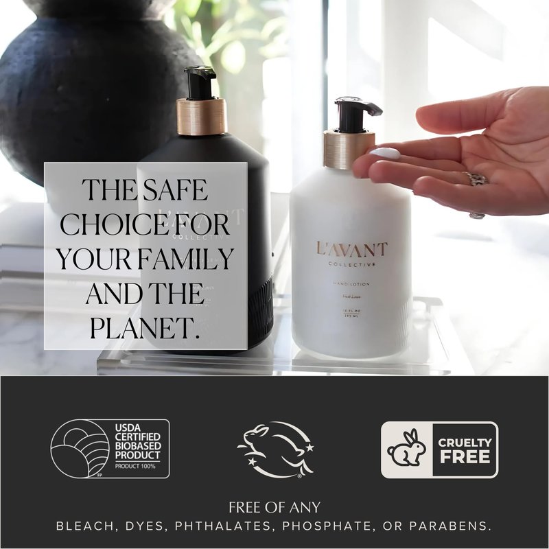 L'AVANT Collective Luxury Hand Lotion | Moisturizing Plant-Based Hand Cream with Pump, Non-Toxic, Lightweight Formula, Refillable Glass Bottle | 10 Fl Oz, Bathroom & Kitchen | Fresh Linen