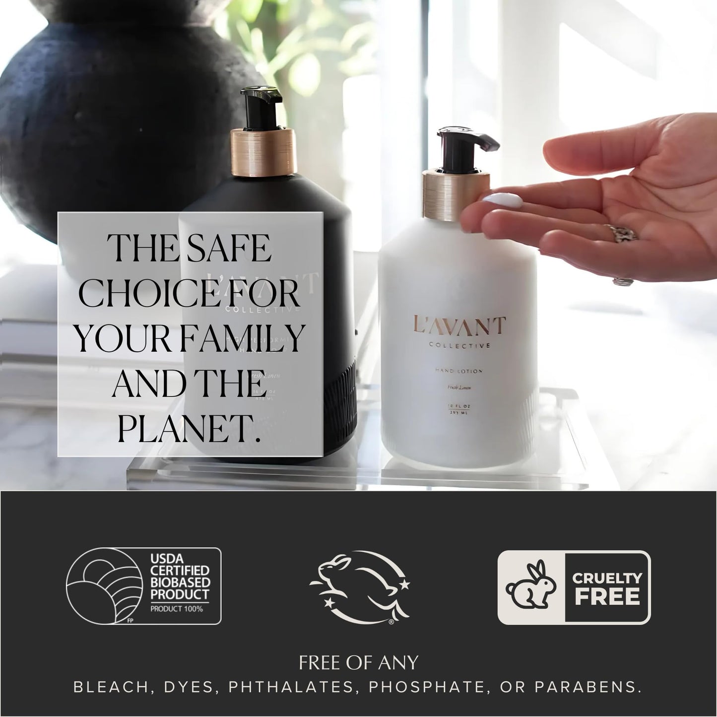 L'AVANT Collective Luxury Hand Lotion | Moisturizing Plant-Based Hand Cream with Pump, Non-Toxic, Lightweight Formula, Refillable Glass Bottle | 10 Fl Oz, Bathroom & Kitchen | Fresh Linen