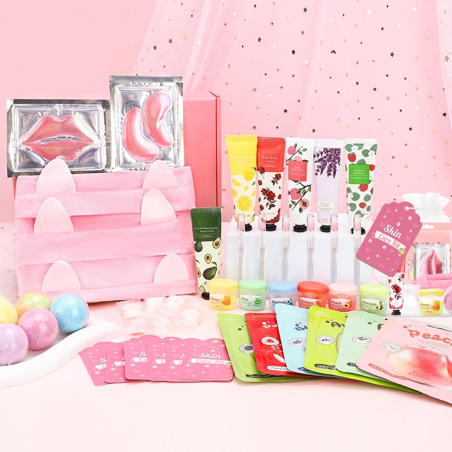 Ponhey 66 PCS Spa Party Supplies, Spa Party Favors Include Face Masks Skincare, Hand Cream, Lip Balm, Under Eye Patches, Lip Mask and Foot Bath Bombs, Spa Birthday Sleepover Party Supplies
